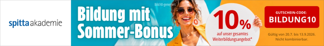 Aktionsbanner „Bildung mit Sommer-Bonus – 10 % auf unser gesamtes Weiterbildungsangebot, Gutschein-Code BILDUNG10" | Spitta Akademie