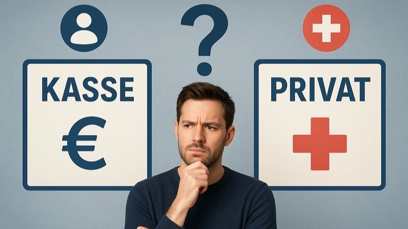 Mann überlegt nachdenklich zwischen Schildern Kasse und Privat – Online-Kurs Privat oder Kasse rechtssichere Zusatzvereinbarungen | Spitta Akademie
