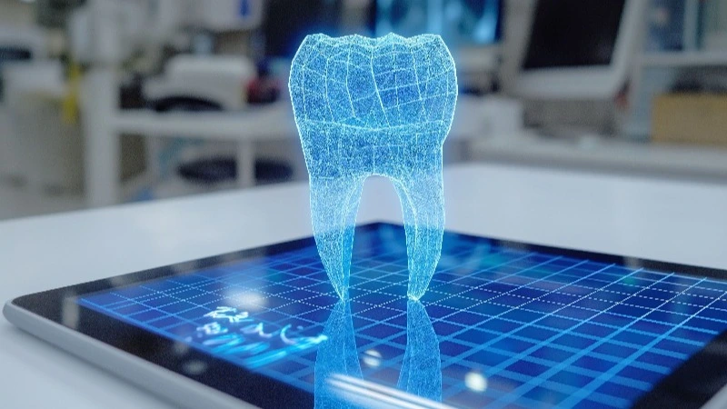 3D-Hologramm eines Zahns über digitalem Tablet in Zahnarztpraxis – Online-Kurs digitaler Workflow in der Zahntechnik | Spitta Akademie