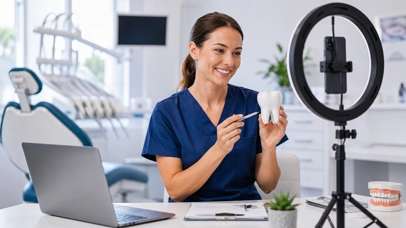 ZFA filmt sich mit Zahnmodell und Ringlicht in der Praxis – eLearning Social Media Manager Gesundheitswesen | Spitta Akademie